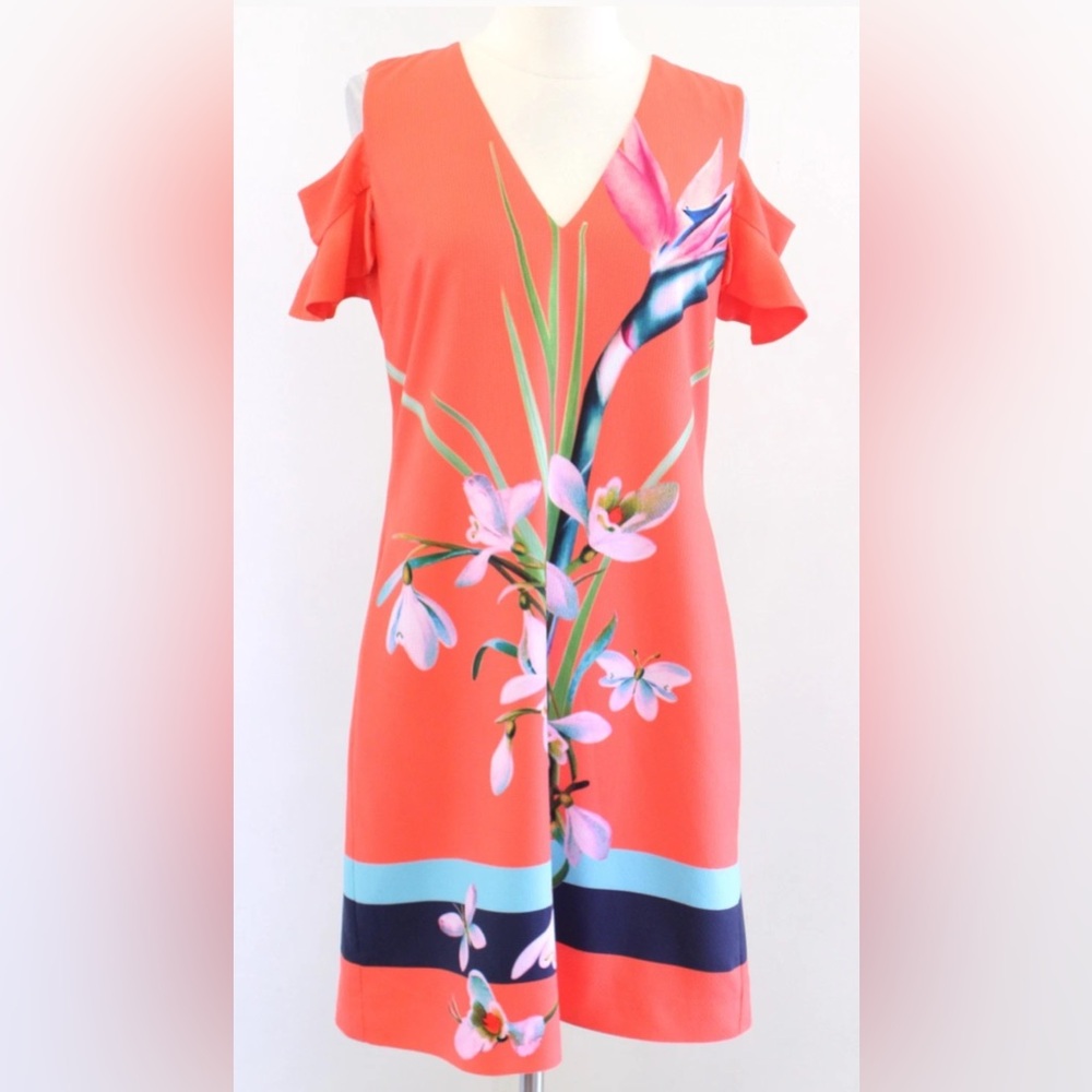 Ted Baker Leea Orange Colorful Floral Print Cold Shoulder Dress UK2/US6